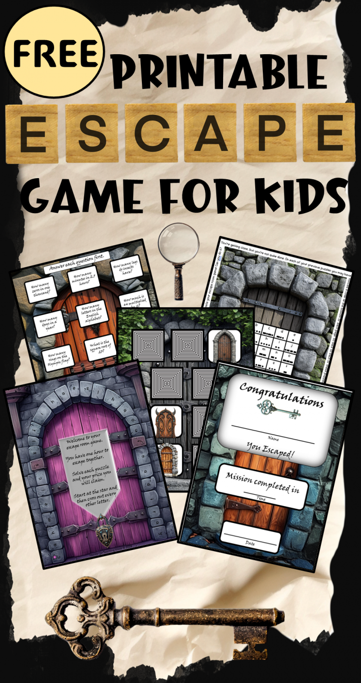 free printable escape room for kids shows a Pinterest image.