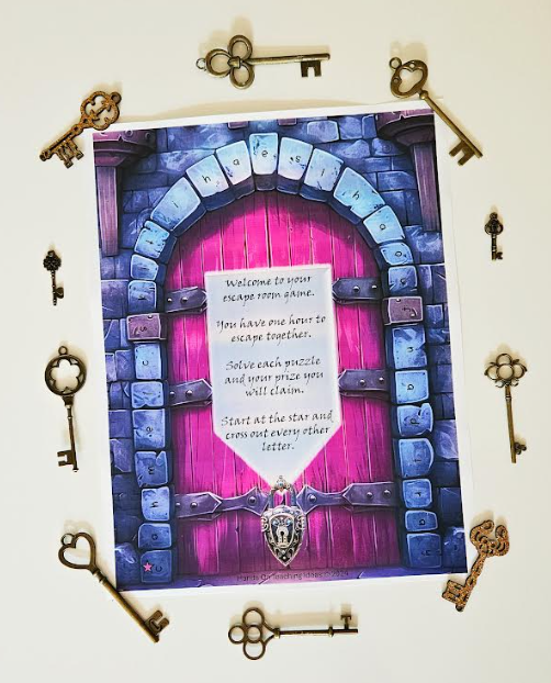 escape room game shows a door image with keys set all around the page.