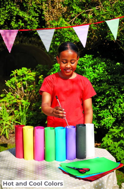 Summer Outdoor Learning Activities for Kids shows a child outside with rainbow colored tubes and testing the liquid inside with a thermometer.