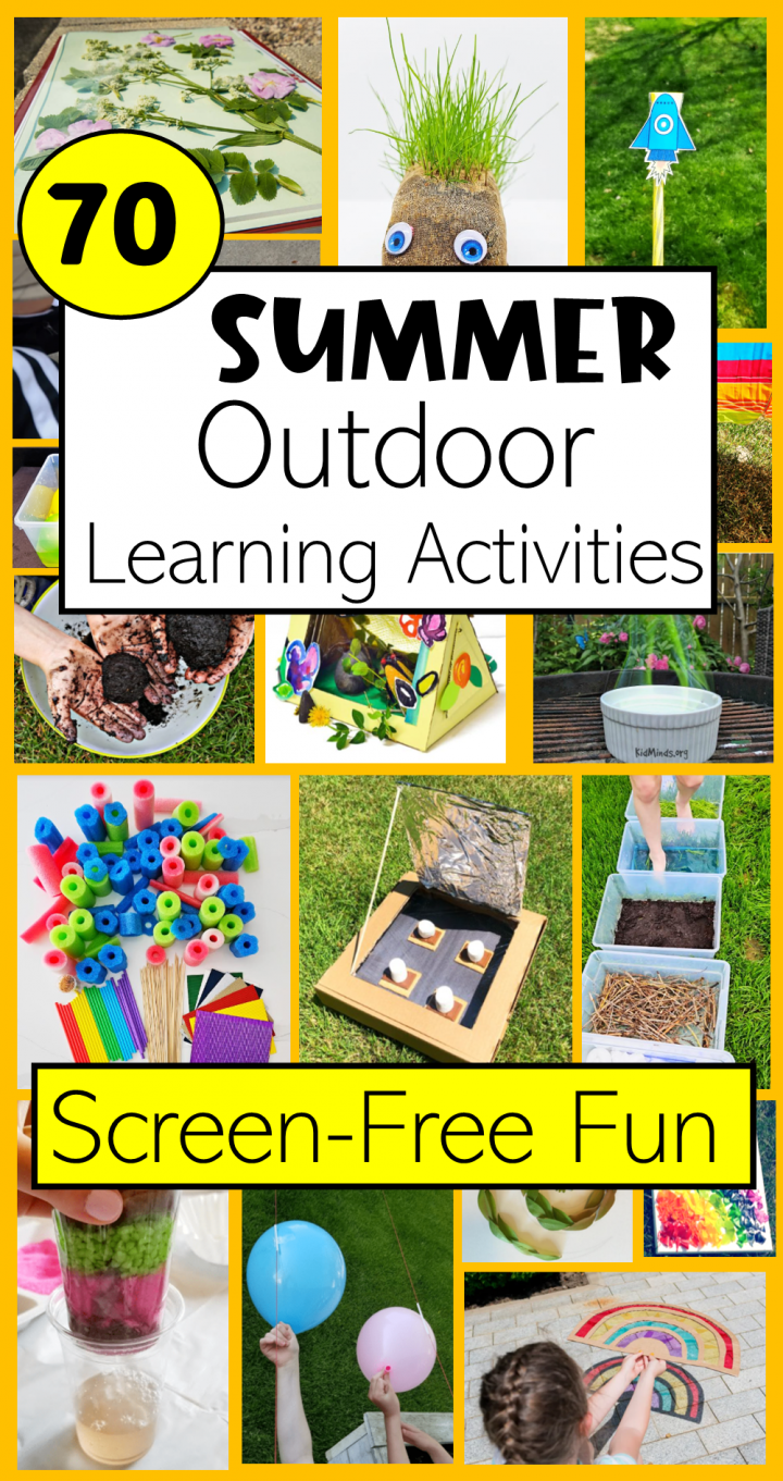 summer outdoor learning activities shows a pinterest pin collage of outdoor activity images.