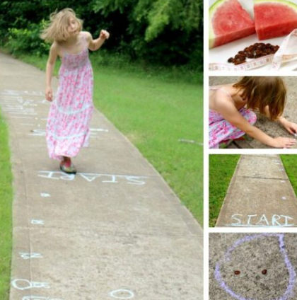 watermelon math seed spitting image shows a child walking on chalk marking on the sidewalk and watermelon seeds.