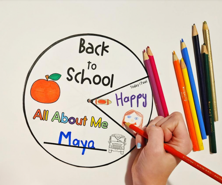 back to school printable shows a wheel with a child coloring different sections.