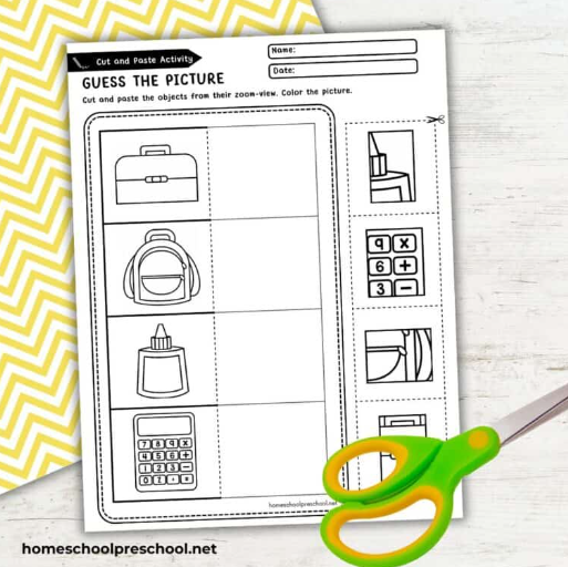 cut and paste sheets shows pages for children to cut and match for back to school.