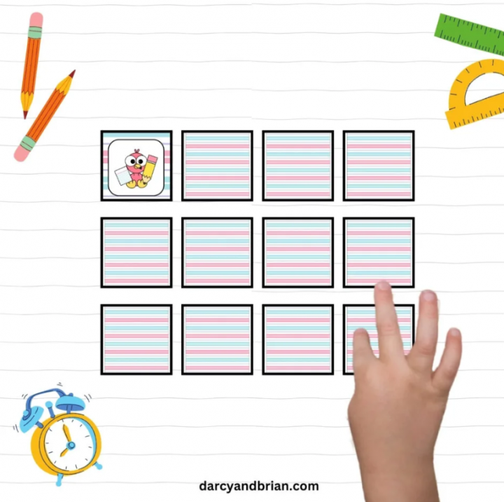 matching game shows school themed cards for children to match.
