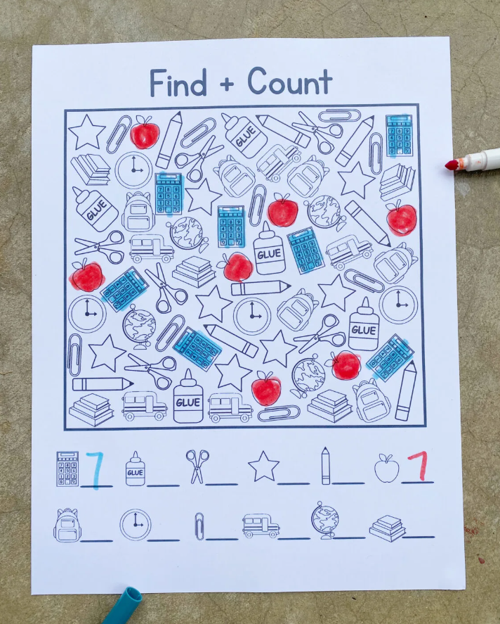 I spy shows a printable find and count page.