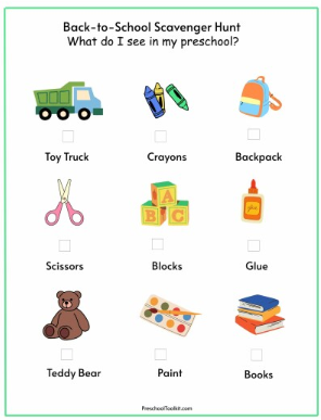 free printable for kids shows a school scavenger hunt.