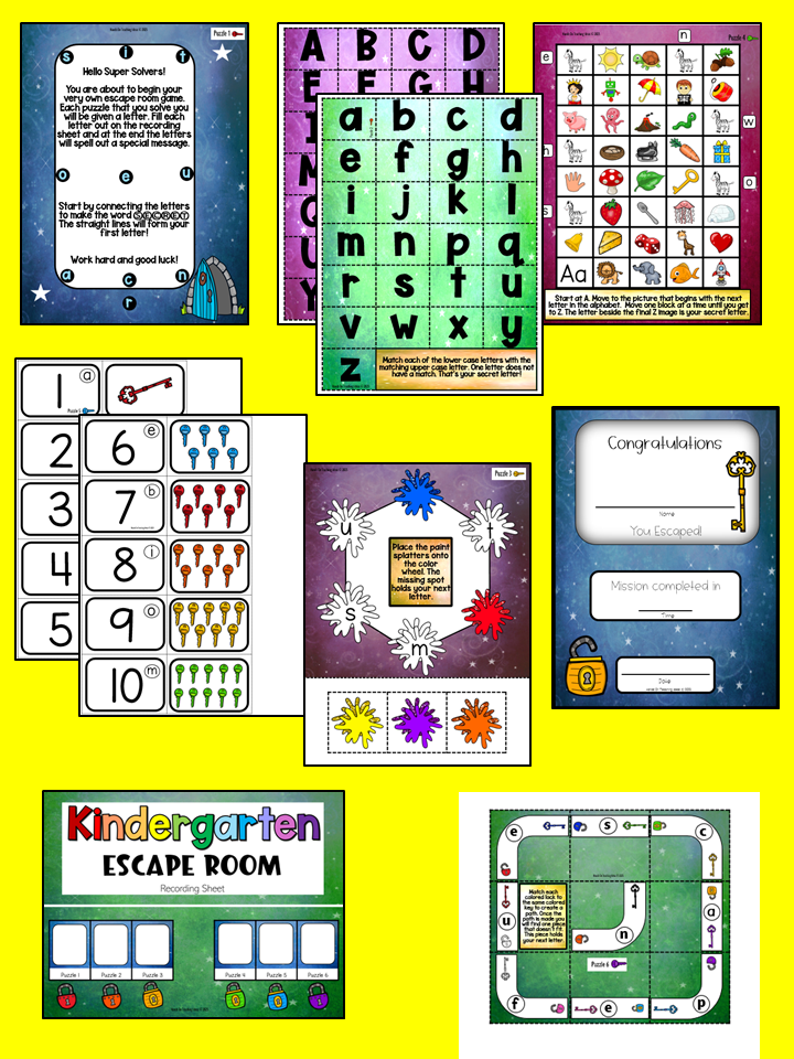 free printable escape room game for young kids shows a collage of the pages and puzzles.