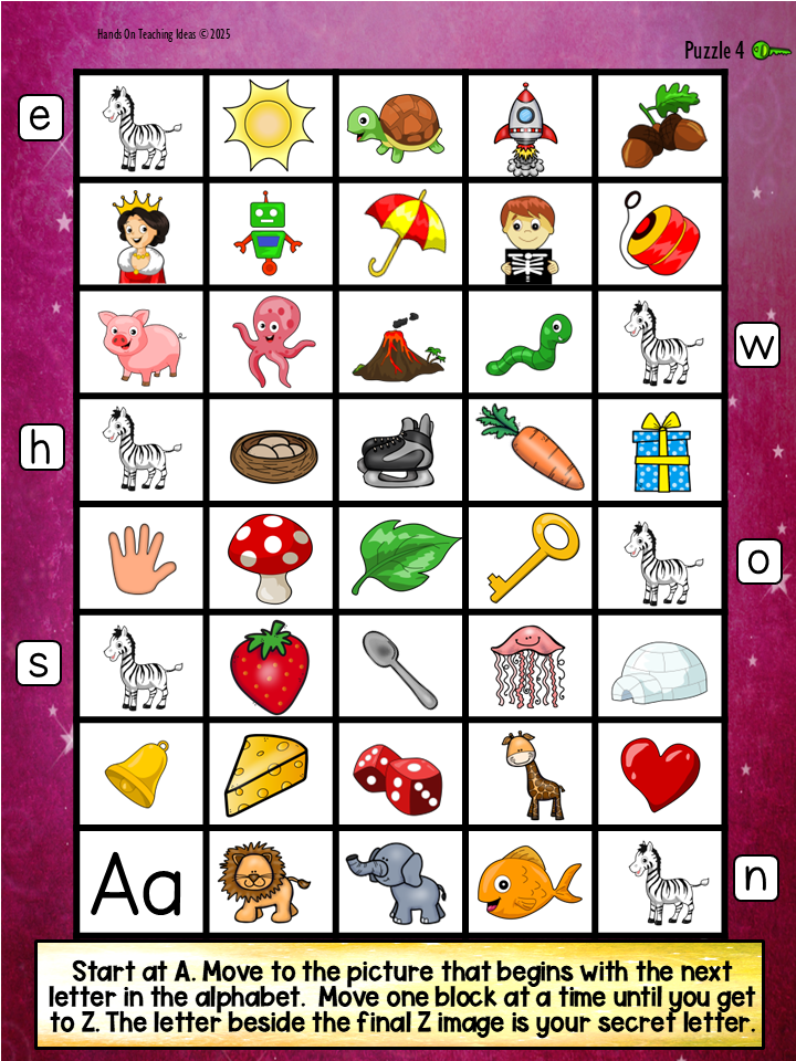 free printable escape room game for young kids shows a printable puzzle with pictures on it for players to move through.