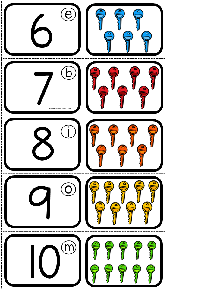 math game for kids shows cards with numbers 6-10 and cards with pictures of keys numbers 6,7,8,9 or 10.