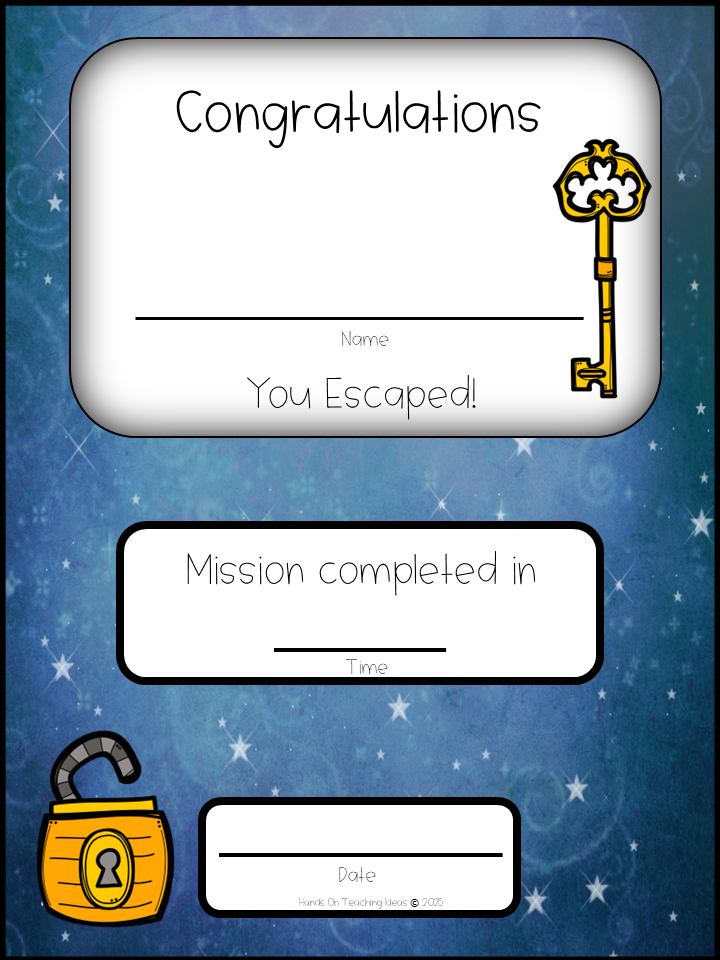 escape room completion certificate shows a printable page to fill out when the game is won.