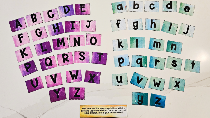 free printable escape room game for young kids shows lower and upper case letter cards for the alphabet.