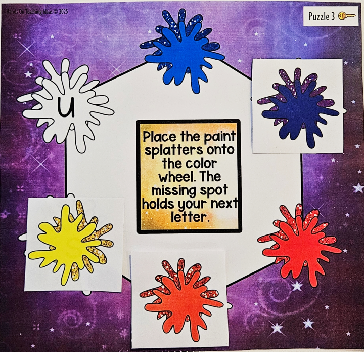 free printable escape room game for young kids shows a color wheel with paint blobs around it.
