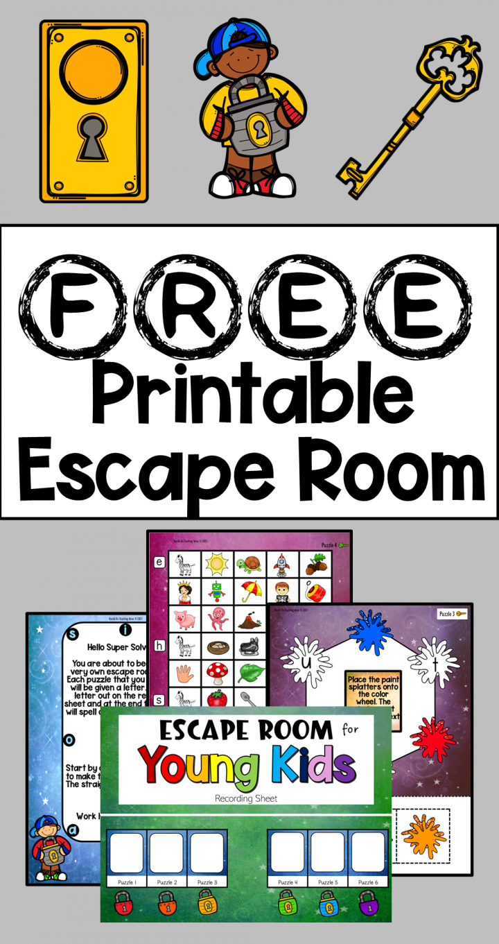 free printable escape room game for young kids shows a pinterest pin.