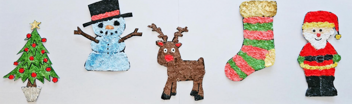 holiday arts and crafts for kids shows five holiday images lined up.