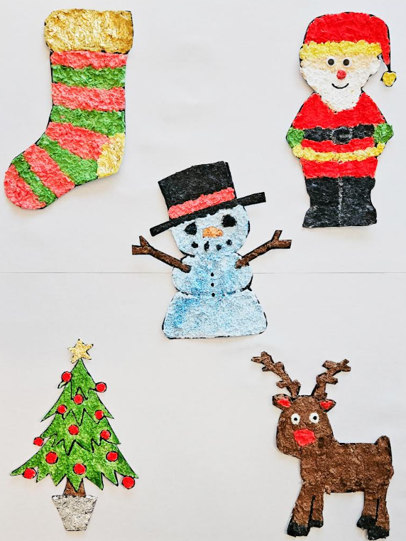 5 easy Christmas paper Mache ideas for kids shows all five of the images on a white background.
