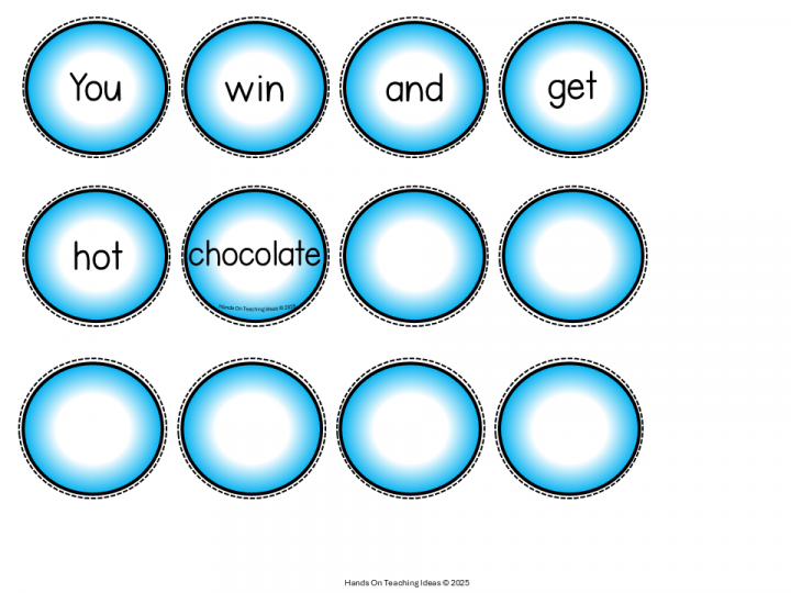 puzzle game printable sheet shows twelve circles. Six have one word from "You win and get hot chocolate".