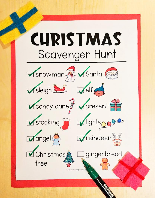 free christmas scavenger hunt printable shows the hunt printed and each of the items checked off.