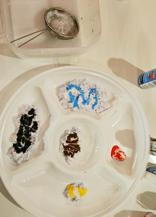 art for kids shows a container with sections and paint added to make paper pulp.