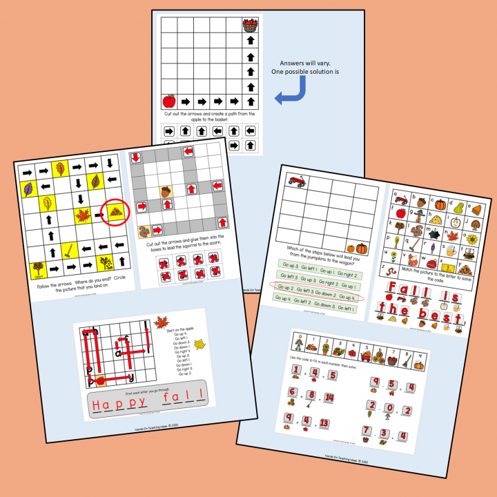 free unplugged coding activities for fall shows a page with three sheets that are the answer pages for the  workbook sheets.