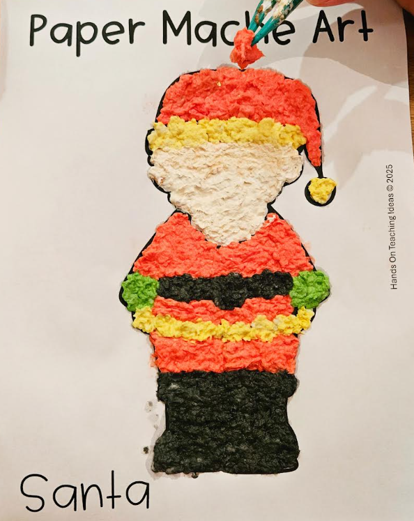 santa paper mache project for kids shows a printable image of santa and colored paper mache being placed on top.