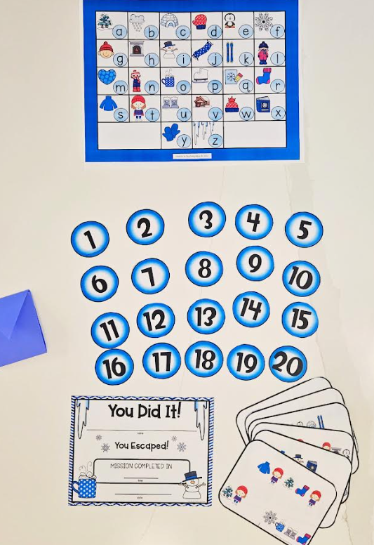 winter escape room challenge shows the materials prepared for the escape room game.