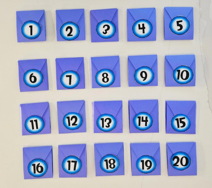 seasonal game for families shows twenty envelopes with number 1-20 on them.