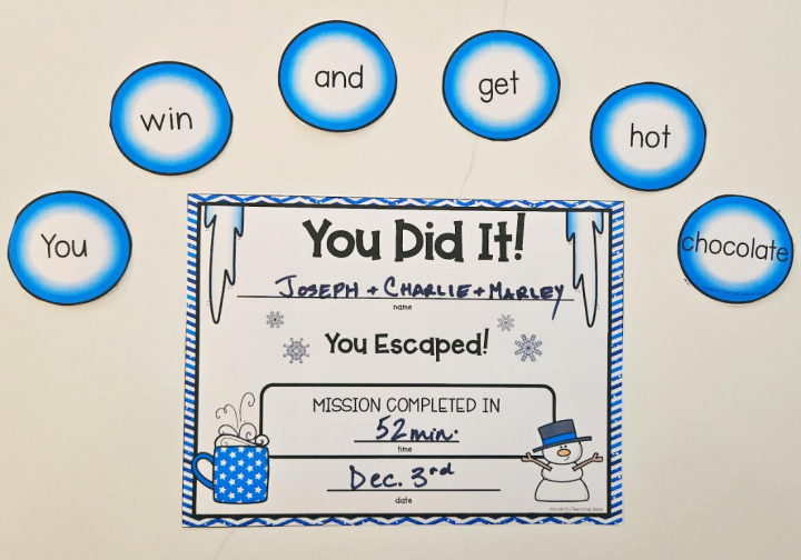 escape room completion certificate shows the certificate and answer dots that say, "You win and get hot chocolate"