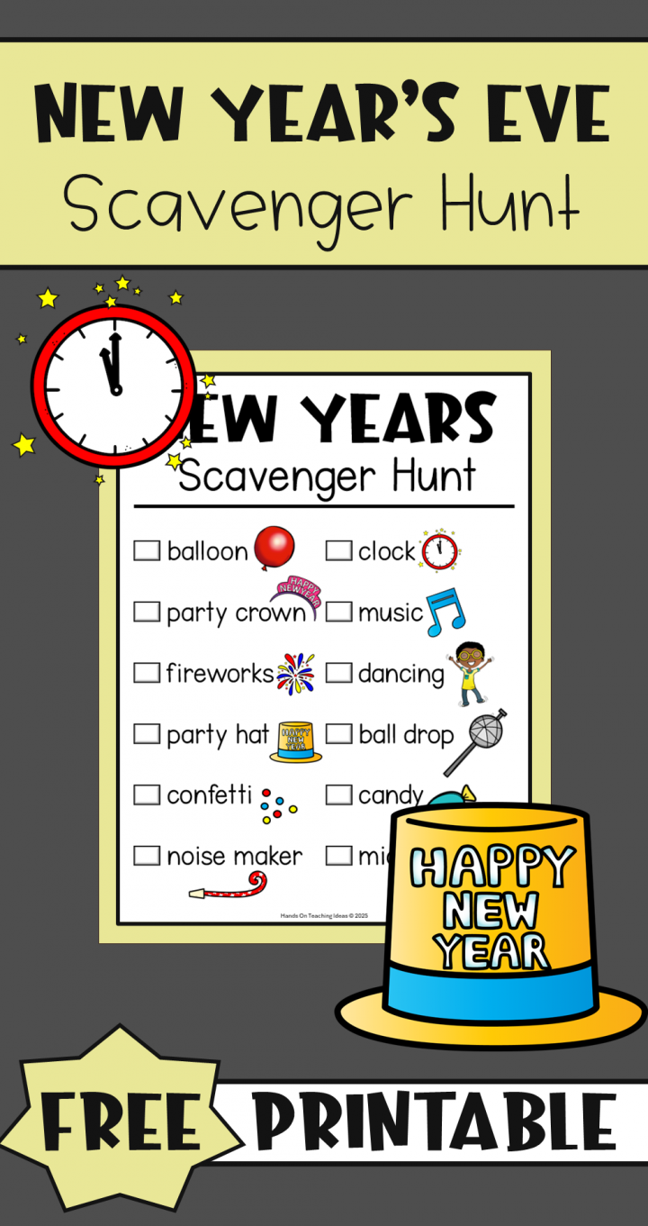 free printable new years eve scavenger hunt activity shows a pinterest pin for the activity.
