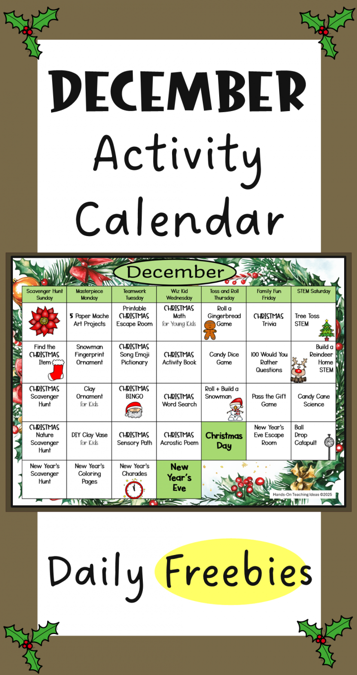 Free December activity calendar for kids shows a Pinterest pin.