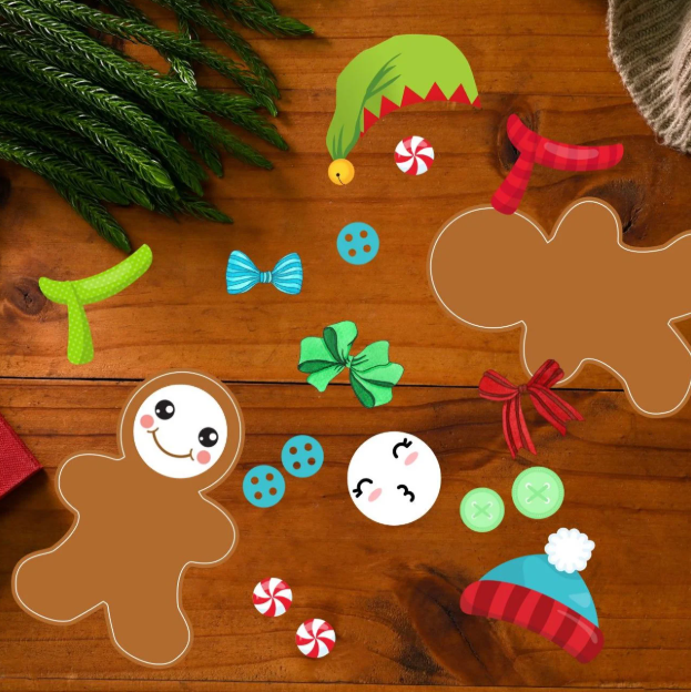 roll a gingerbread man shows printable pages cut out for the activity.