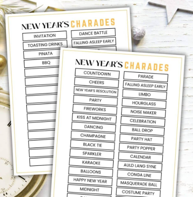 New years eve charades game for families shows two printable pages for the game.