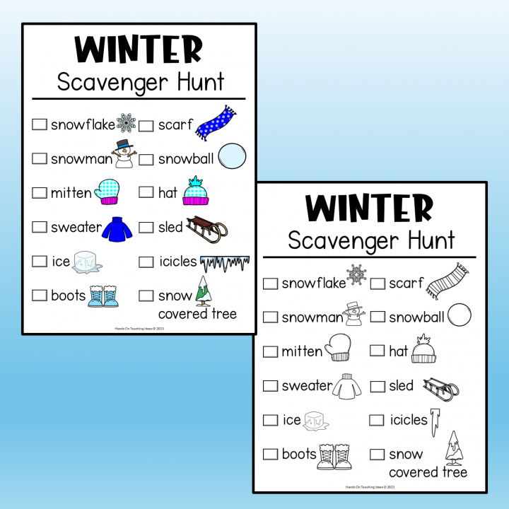 free winter scavenger hunt shows the color and black and white versions of the page.