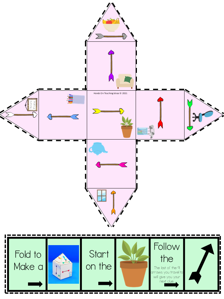 hands on game for kids shows a printable t clue that has arrows and household items on it.