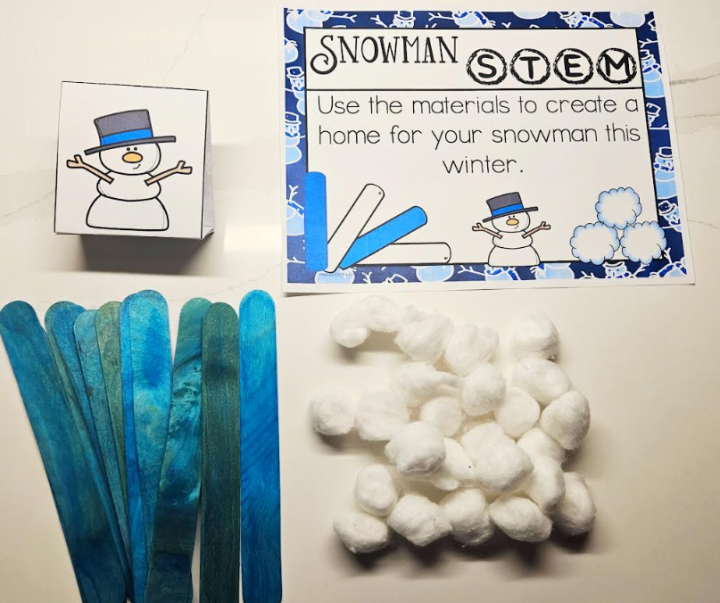 free winter stem activity shows materials needed for this activity including cotton balls, jumbo popsicle sticks, task card and snowman figure.