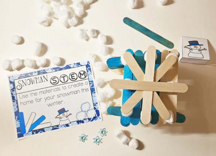 STEM challenge shows a birds eye view of a structure made from cotton balls and popsicle sticks.