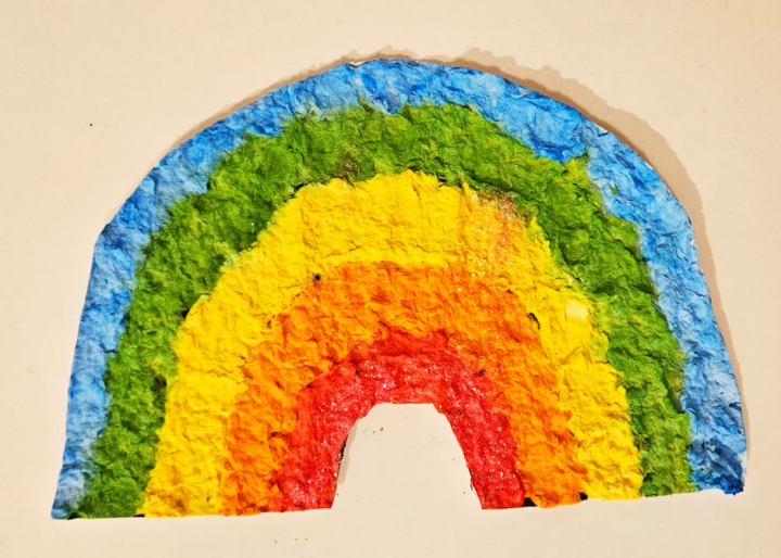 free rainbow paper mache art template shows a completed rainbow.