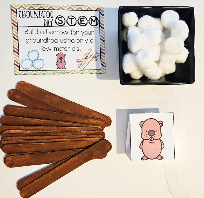 Free Groundhog day STEM shows the materials needed for the activity including cotton balls, popsicle sticks and the free task card.