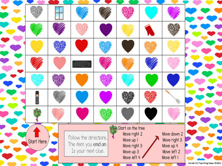 puzzle game shows a coding printable puzzle with different hearts.