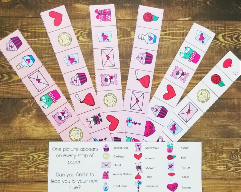 themed escape room game shows strips of paper that have Valentine images in grids.