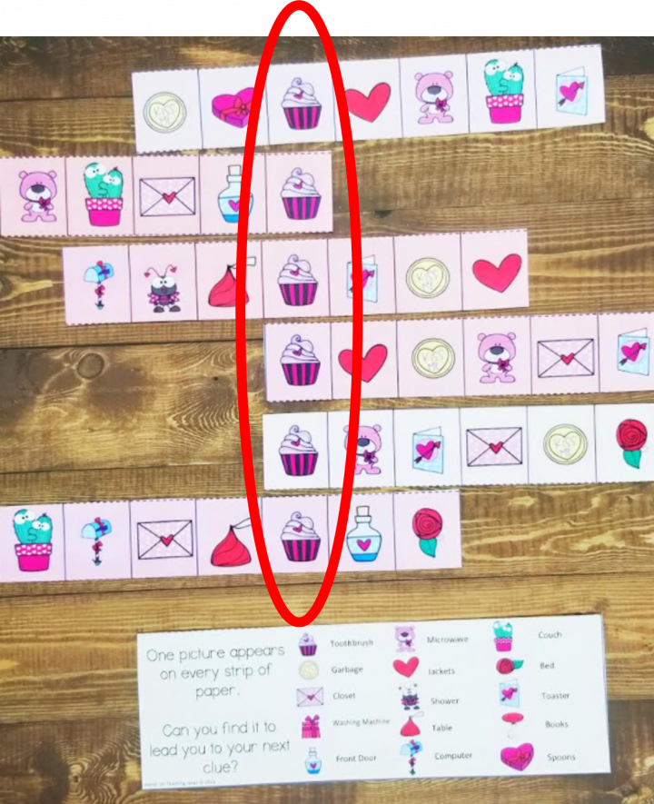 Valentines escape room for kids shows cupcake pictures lined up.