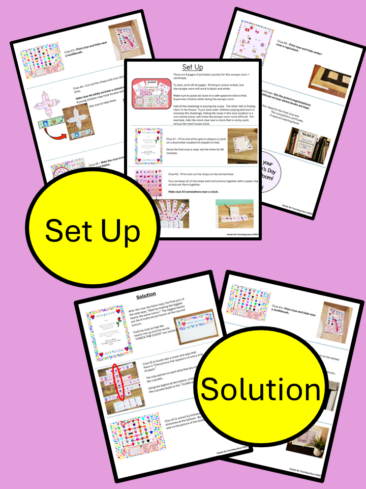 puzzle game for families shows the three set up pages included in a game and the two solution pages.