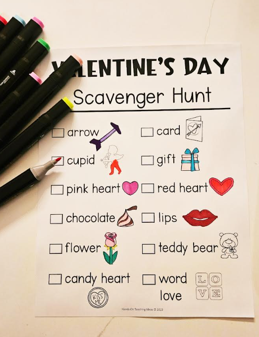 themed activity for kids shows a printable scavenger hunt with words and images.