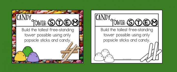 Candy tower STEM shows a task card that says "Build the tallest free-standing tower possible using only popsicle sticks and candy."