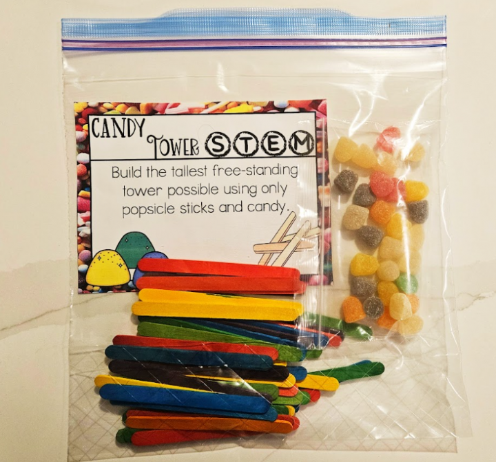 STEM kit shows the materials needed for a challenge all sealed in a bag.