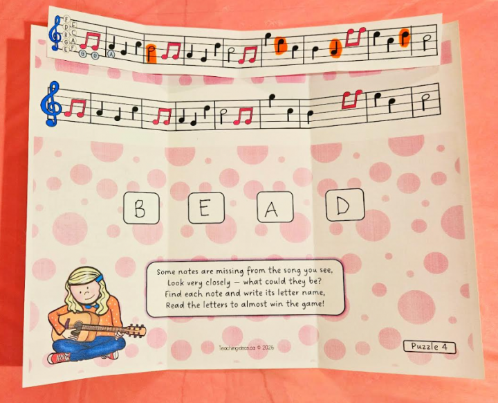 free printable escape room for tweens shows notes on a music song highlighted and they are the notes that don't appear in the other version of the song.
