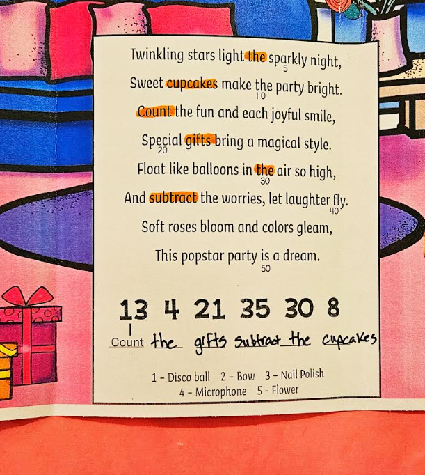 printable game for families shows a riddle and the solution that says, "Count the gifts subtract the cupcakes".