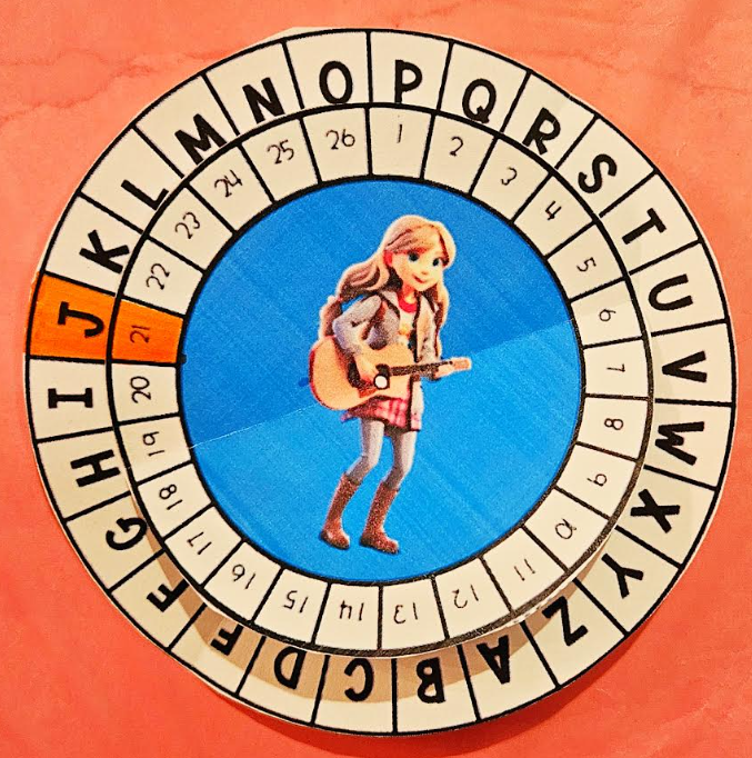 cipher wheel shows two stacked wheels with the letter J and the number 21 lined up.