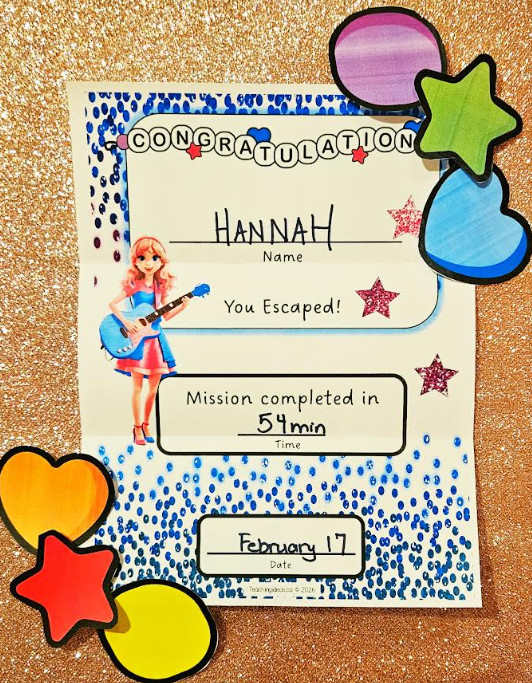 escape room completion certificate shows a pop star themed certificate with the name Hannah on the front.