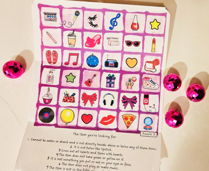 free printable escape room for tweens shows a grid that has fancy, glittery images in each square.