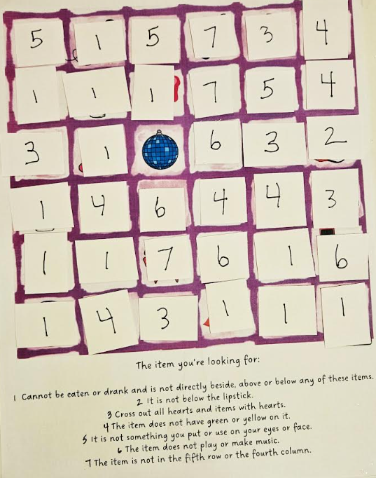 family game shows the solution for a puzzle that has images in a grid and each image gets eliminated except players are left with a disco ball.